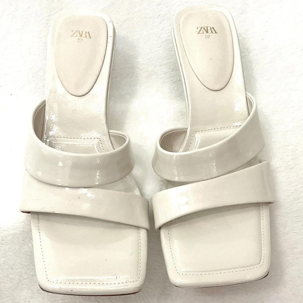 Zara White Open Toe Square Padded Dressy High Heel Sandals Size US7/EU37
